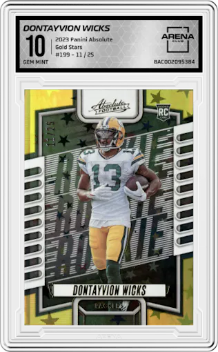  Dontayvion Wicks  from the 2023 Panini Absolute set featuring a Gold Stars parallel graded by Arena Club and given an overall grade of 10.