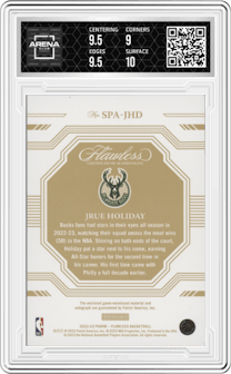 Jrue Holiday from the 2022-23 Panini Flawless set graded by Arena Club and given an overall grade of 9.5.