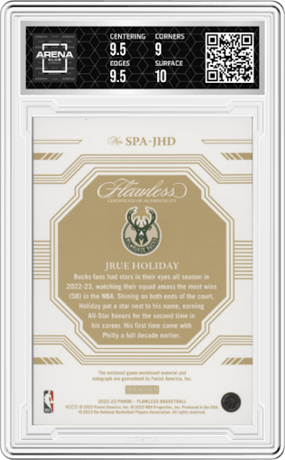 Jrue Holiday from the 2022-23 Panini Flawless set graded by Arena Club and given an overall grade of 9.5.