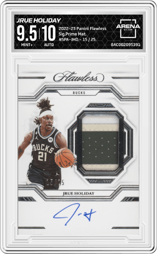 Jrue Holiday from the 2022-23 Panini Flawless set graded by Arena Club and given an overall grade of 9.5.
