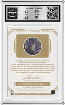 Karl-Anthony Towns from the 2022-23 Panini Flawless set featuring a Gold parallel graded by Arena Club and given an overall grade of 10.