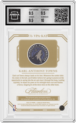 Karl-Anthony Towns from the 2022-23 Panini Flawless set featuring a Gold parallel graded by Arena Club and given an overall grade of 10.