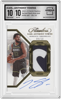 Karl-Anthony Towns from the 2022-23 Panini Flawless set featuring a Gold parallel graded by Arena Club and given an overall grade of 10.