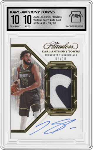Karl-Anthony Towns from the 2022-23 Panini Flawless set featuring a Gold parallel graded by Arena Club and given an overall grade of 10.