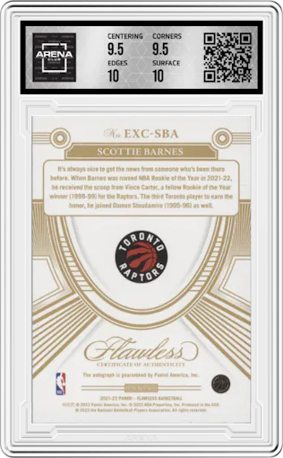 Scottie Barnes from the 2021-22 Panini Flawless set graded by Arena Club and given an overall grade of 10.
