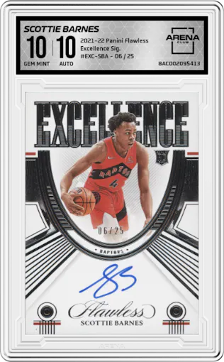 Scottie Barnes from the 2021-22 Panini Flawless set graded by Arena Club and given an overall grade of 10.