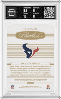 Dameon Pierce from the 2022 Panini Flawless set featuring a Bronze parallel graded by Arena Club and given an overall grade of 9.5.