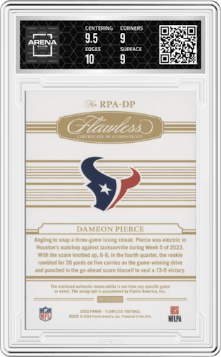 Dameon Pierce from the 2022 Panini Flawless set featuring a Bronze parallel graded by Arena Club and given an overall grade of 9.5.
