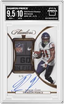 Dameon Pierce from the 2022 Panini Flawless set featuring a Bronze parallel graded by Arena Club and given an overall grade of 9.5.