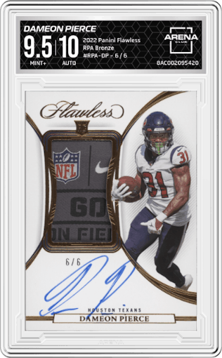 Dameon Pierce from the 2022 Panini Flawless set featuring a Bronze parallel graded by Arena Club and given an overall grade of 9.5.