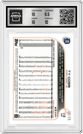 Ty Cobb from the 2022 Topps Gilded Collection set featuring a RayWave Gold Etch parallel graded by Arena Club and given an overall grade of 10.