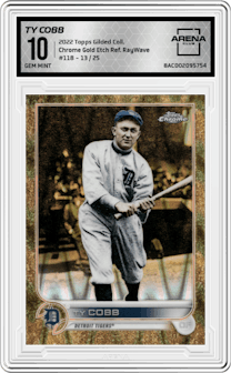 Ty Cobb from the 2022 Topps Gilded Collection set featuring a RayWave Gold Etch parallel graded by Arena Club and given an overall grade of 10.