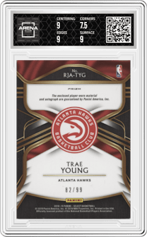 Trae Young from the 2018-19 Panini Select  set featuring a Purple  parallel graded by Arena Club and given an overall grade of 8.