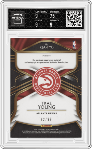 Trae Young from the 2018-19 Panini Select  set featuring a Purple  parallel graded by Arena Club and given an overall grade of 8.