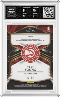 Trae Young from the 2018-19 Panini Select set featuring a Purple parallel graded by Arena Club and given an overall grade of 8.