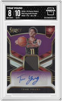 Trae Young from the 2018-19 Panini Select  set featuring a Purple  parallel graded by Arena Club and given an overall grade of 8.