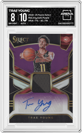 Trae Young from the 2018-19 Panini Select  set featuring a Purple  parallel graded by Arena Club and given an overall grade of 8.