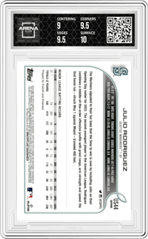 Julio Rodriguez from the 2022 Topps Chrome Update Sapphire Edition  set graded by Arena Club and given an overall grade of 9.5.