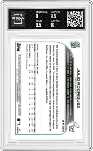 Julio Rodriguez from the 2022 Topps Chrome Update Sapphire Edition  set graded by Arena Club and given an overall grade of 9.5.