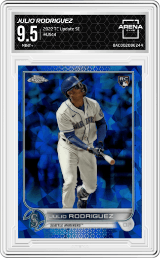 Julio Rodriguez from the 2022 Topps Chrome Update Sapphire Edition  set graded by Arena Club and given an overall grade of 9.5.