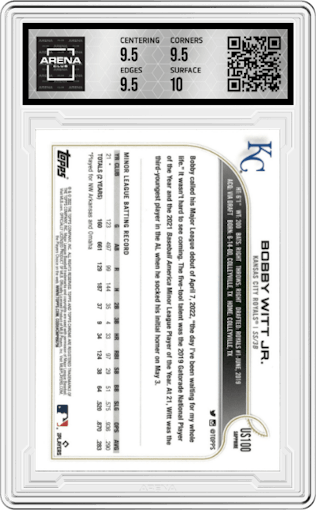 Bobby Witt Jr. from the 2022 Topps Chrome Update Sapphire Edition  set graded by Arena Club and given an overall grade of 10.