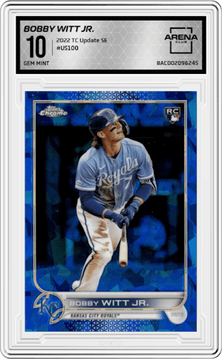 Bobby Witt Jr. from the 2022 Topps Chrome Update Sapphire Edition  set graded by Arena Club and given an overall grade of 10.