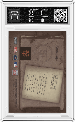 Willie Mays from the 2005 Leaf Limited set graded by Arena Club and given an overall grade of 8.5.