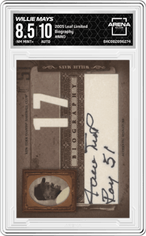 Willie Mays from the 2005 Leaf Limited set graded by Arena Club and given an overall grade of 8.5.