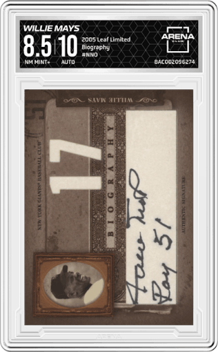 Willie Mays from the 2005 Leaf Limited set graded by Arena Club and given an overall grade of 8.5.