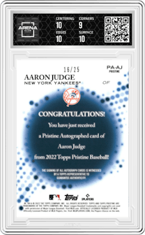 Aaron Judge from the 2022 Topps Pristine set featuring a Orange Refractor parallel graded by Arena Club and given an overall grade of 9.5.