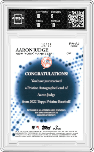 Aaron Judge from the 2022 Topps Pristine set featuring a Orange Refractor parallel graded by Arena Club and given an overall grade of 9.5.