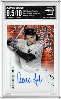 Aaron Judge from the 2022 Topps Pristine set featuring a Orange Refractor parallel graded by Arena Club and given an overall grade of 9.5.