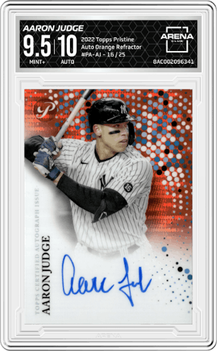 Aaron Judge from the 2022 Topps Pristine set featuring a Orange Refractor parallel graded by Arena Club and given an overall grade of 9.5.