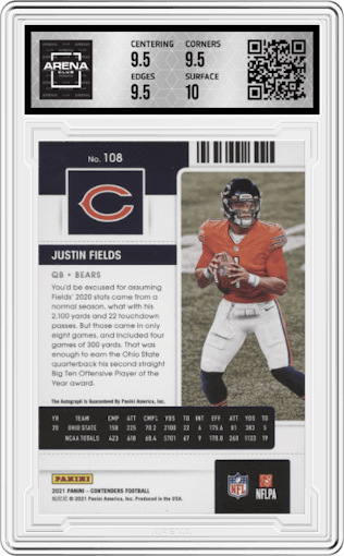 Justin Fields from the 2021 Panini Contenders   set graded by Arena Club and given an overall grade of 10.