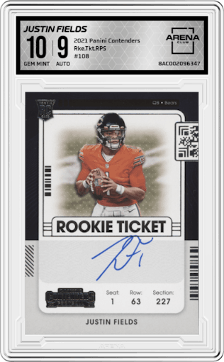 Justin Fields from the 2021 Panini Contenders   set graded by Arena Club and given an overall grade of 10.