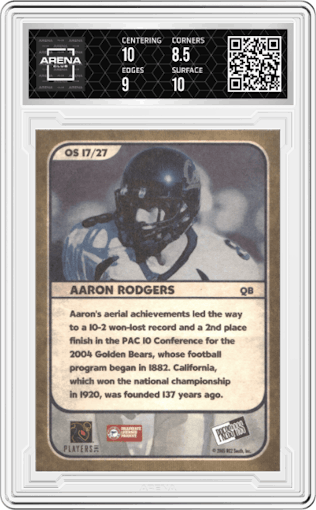Aaron Rodgers from the 2005 Press Pass SE set graded by Arena Club and given an overall grade of 9.