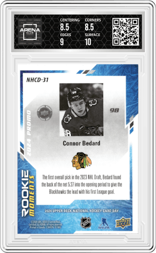 Connor Bedard from the 2024 Upper Deck National Hockey Card Day set graded by Arena Club and given an overall grade of 9.
