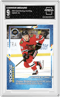 Connor Bedard from the 2024 Upper Deck National Hockey Card Day set graded by Arena Club and given an overall grade of 9.