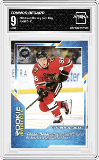 Connor Bedard from the 2024 Upper Deck National Hockey Card Day set graded by Arena Club and given an overall grade of 9.