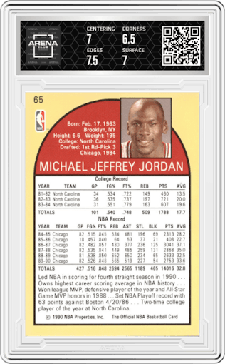 Michael Jordan from the 1990-91 NBA Hoops set graded by Arena Club and given an overall grade of 7.