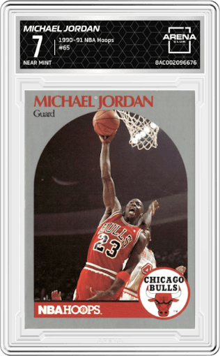 Michael Jordan from the 1990-91 NBA Hoops set graded by Arena Club and given an overall grade of 7.
