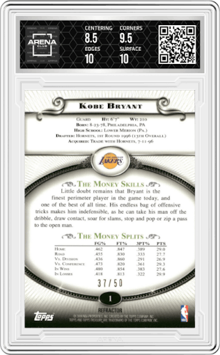 Kobe Bryant from the 2008-09 Topps Treasury Basketball set featuring a Gold Refractor parallel graded by Arena Club and given an overall grade of 9.
