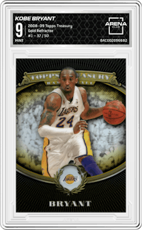 Kobe Bryant from the 2008-09 Topps Treasury Basketball set featuring a Gold Refractor parallel graded by Arena Club and given an overall grade of 9.