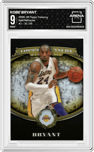 Kobe Bryant from the 2008-09 Topps Treasury Basketball set featuring a Gold Refractor parallel graded by Arena Club and given an overall grade of 9.