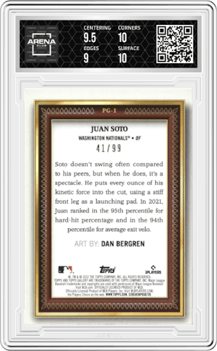 Juan Soto from the 2022 Topps Gallery set featuring a Blue parallel graded by Arena Club and given an overall grade of 9.5.