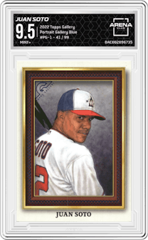 Juan Soto from the 2022 Topps Gallery set featuring a Blue parallel graded by Arena Club and given an overall grade of 9.5.