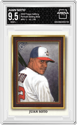 Juan Soto from the 2022 Topps Gallery set featuring a Blue parallel graded by Arena Club and given an overall grade of 9.5.