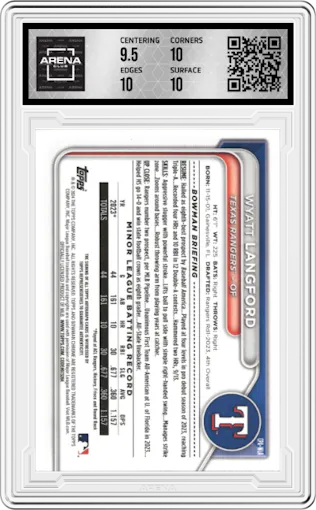 Wyatt Langford from the 2024 Bowman set graded by Arena Club and given an overall grade of 10.
