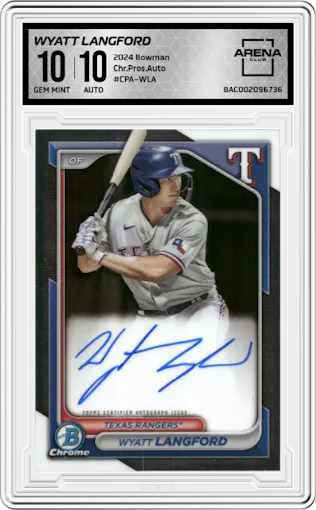 Wyatt Langford from the 2024 Bowman set graded by Arena Club and given an overall grade of 10.