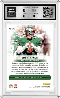 Jim McMahon from the 2023 Panini Prestige set featuring a Xtra Points Premium Gold parallel graded by Arena Club and given an overall grade of 10.